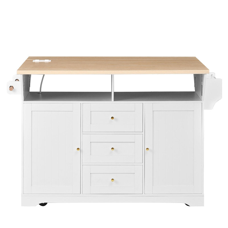 Grand îlot de cuisine avec 2 abattants, chariot de cuisine roulant sur 5 roulettes avec prise de courant, table de salle à manger pliante avec porte-épices et serviettes, 3 tiroirs, pour la cuisine, la salle à manger, blanc