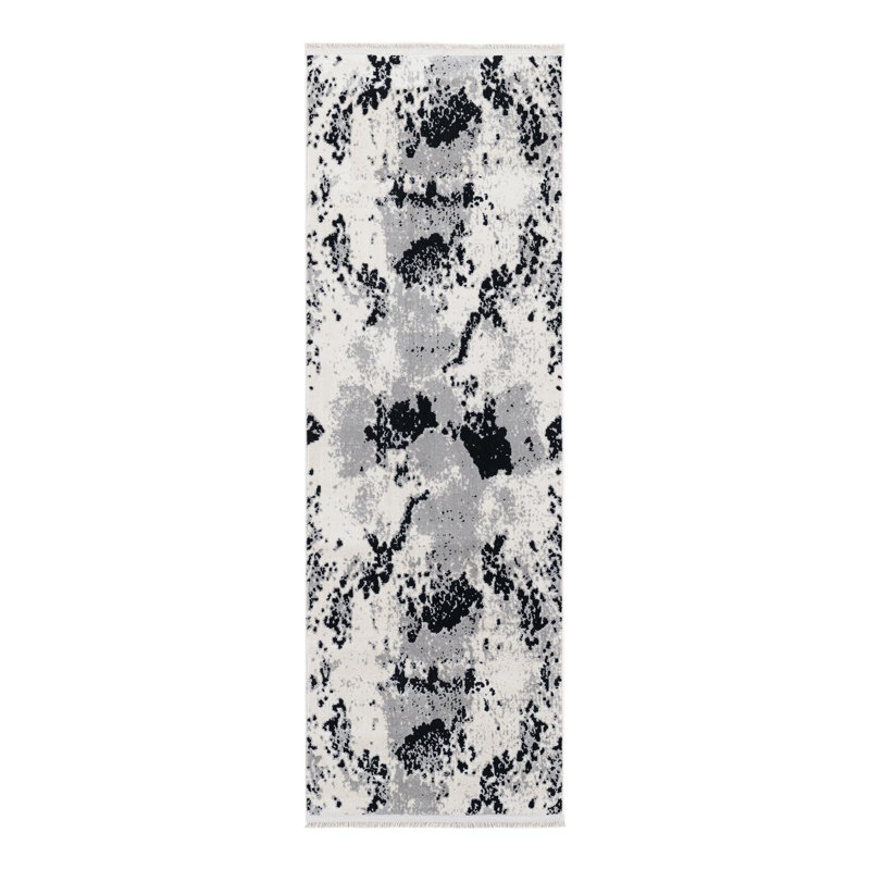 Tapis abstrait en polyester noir / blanc / gris Bralin, Tapis de couloir 2 pi x 6 pi 1 po