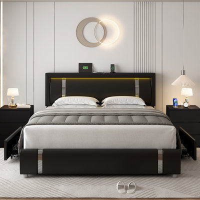 3-Piece Bedroom Sets, Storage Bed with 2-Drawers and Charging Port