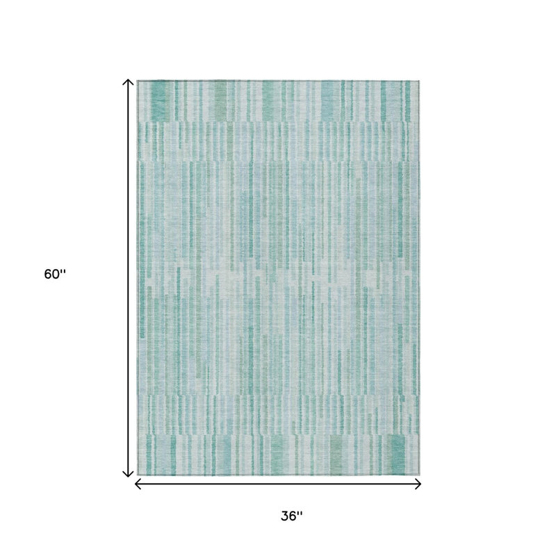 3' X 5' Turquoise And Pale Aqua Striped Washable Indoor Outdoor Area Rug