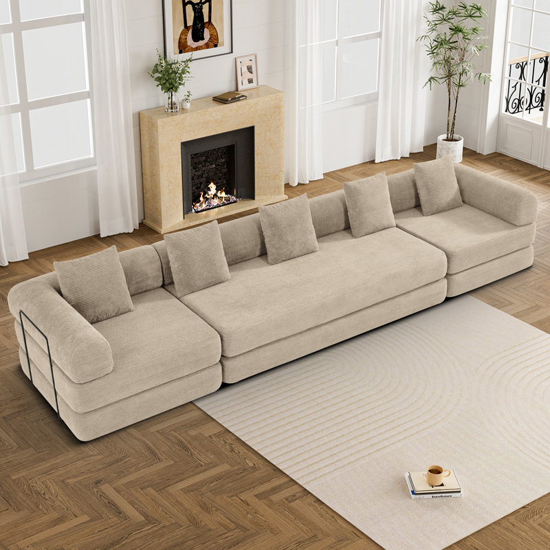 Boneless Convertible Sectional Sleeper Sofa Bed Modular Compression Couch With Removable Back And Arm, Camel Corduroy