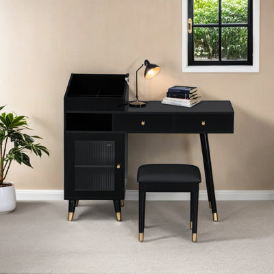 Modern Dressing Table In Black With Drawers, Cabinet, Charging Station, And A Stool Soft , Square Desktop , -Glass Cabinet Door Feature Makeup Vanity Ports, Comfortable Ergonomic Seat, Storage,