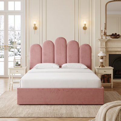 Glam Scalloped Channel Panel Velvet Upholstered Platform Bed with Lift-Up Storage, Full, Pink 