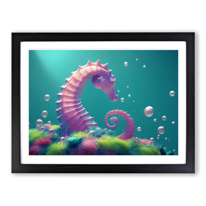 Seahorse Bubbles - Single Picture Frame Print, Black , 25cm H x 34cm W x 2cm D