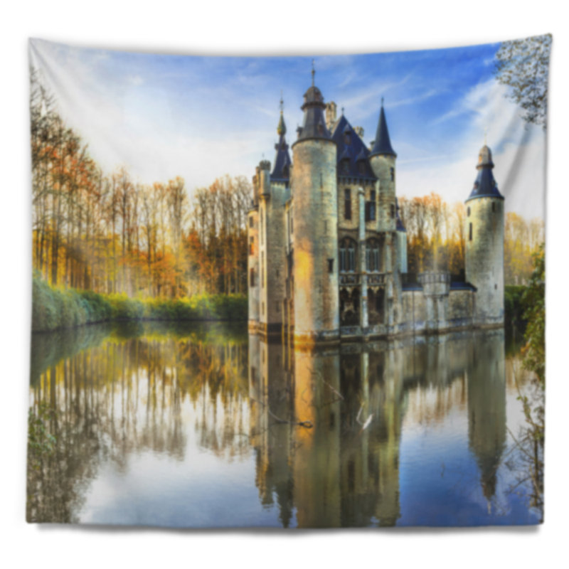 Tapisserie conte médiéval châteaux landscape, H 78 po x l 92 po