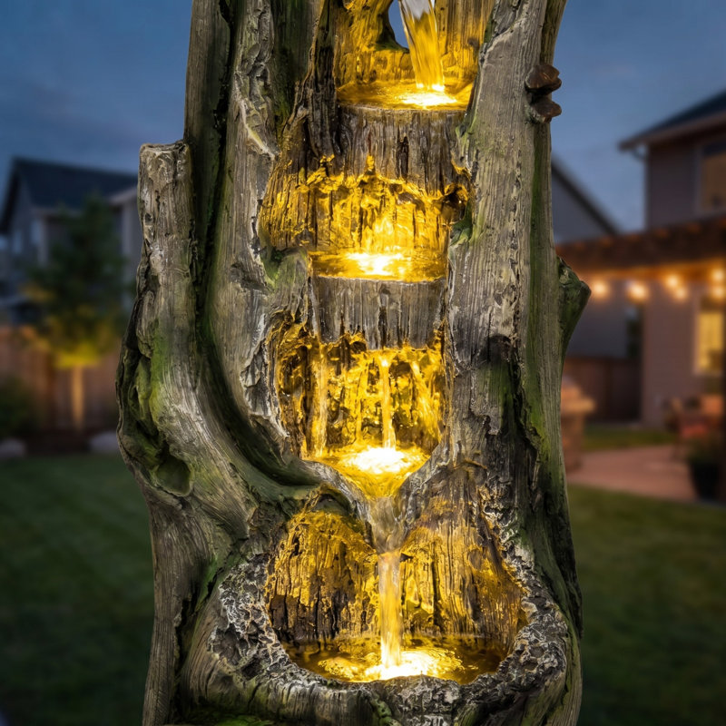 Fontaine d'eau d'extérieur 23,6 po avec lumières DEL, cascade en résine rustique avec pompe silencieuse pour le jardin, le patio, le porche, la terrasse et la cour