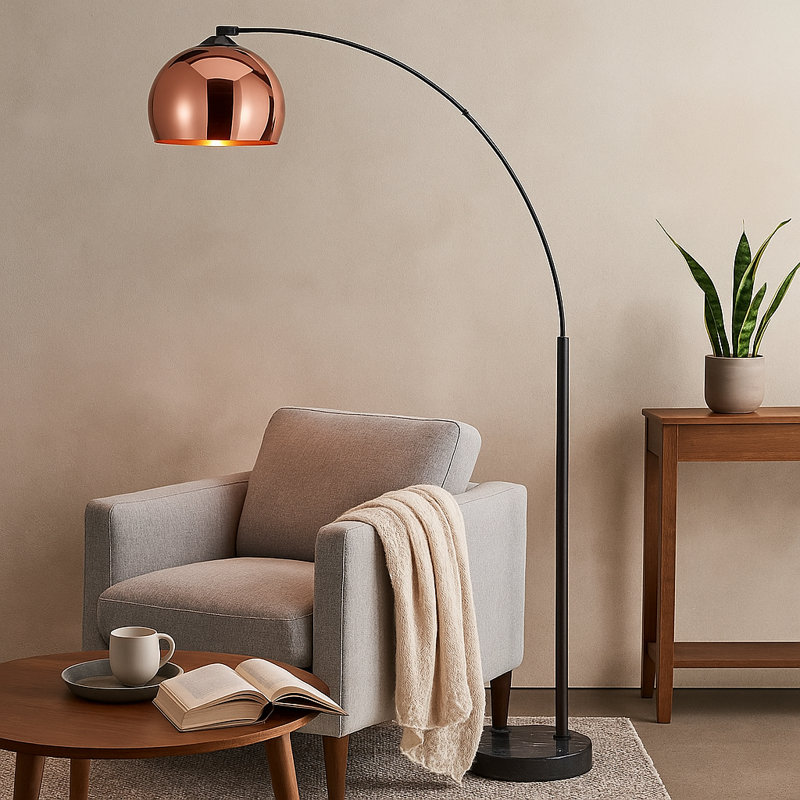 Bonita Arquer 66.93" Arc Floor Lamp, Faux Marble Base and Bell Shade for Living Rooms or Offices, Rose Gold