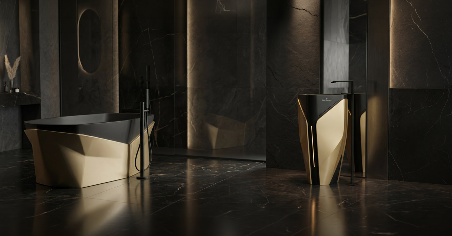 Tonino Lamborghini luxury bathroom collection featuring a modern bathtub and sink with gold and black geometric design in a dark marble bathroom