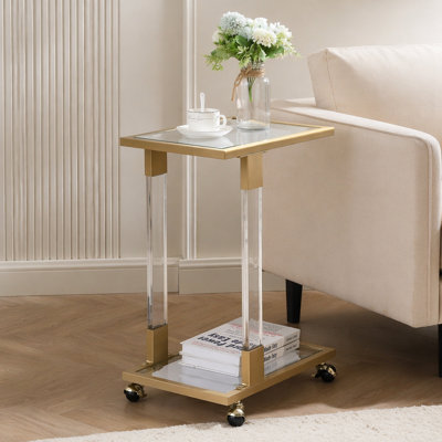 Golden Side Table, Acrylic Sofa Table, Glass Top C Shape Square Table with Metal Base for Living Room, Bedroom, Balcony Home and Office