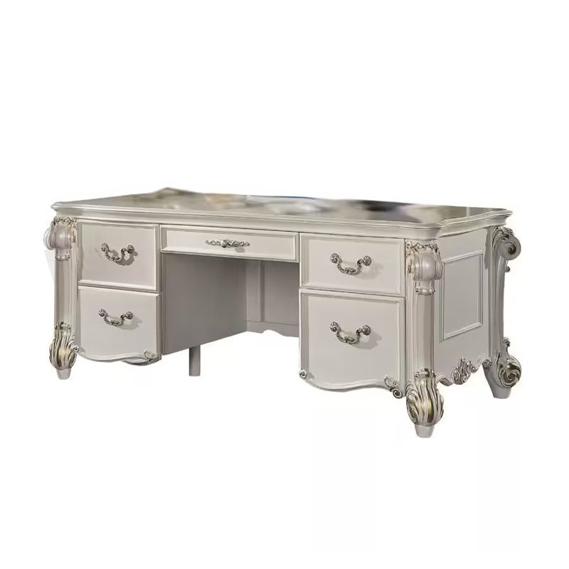 Bureau à domicile Antoine, 5 tiroirs, bois blanc perle doré, 74 po