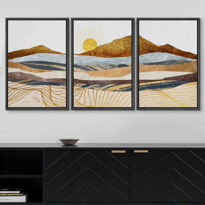 Vague dorée géométrique, chaîne de montagnes, nature, art moderne, paysage zen sur toile, impression de 3 pièces