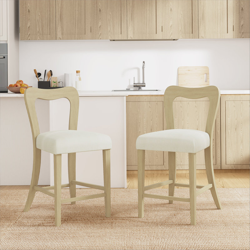 Ensemble de 2 tabourets de comptoir sans accoudoirs (frêne clair + beige), Bois de frêne naturel, Beige