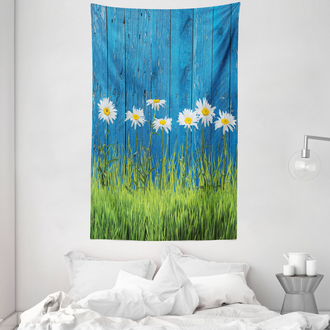 Wandteppich, Frühlings-Gras und Gänseblümchen, Blume, Grün Weiß Blau