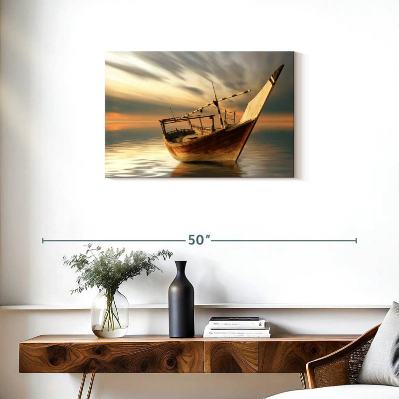 Bateau Mehar au coucher du soleil, H 20 po x l 30 po