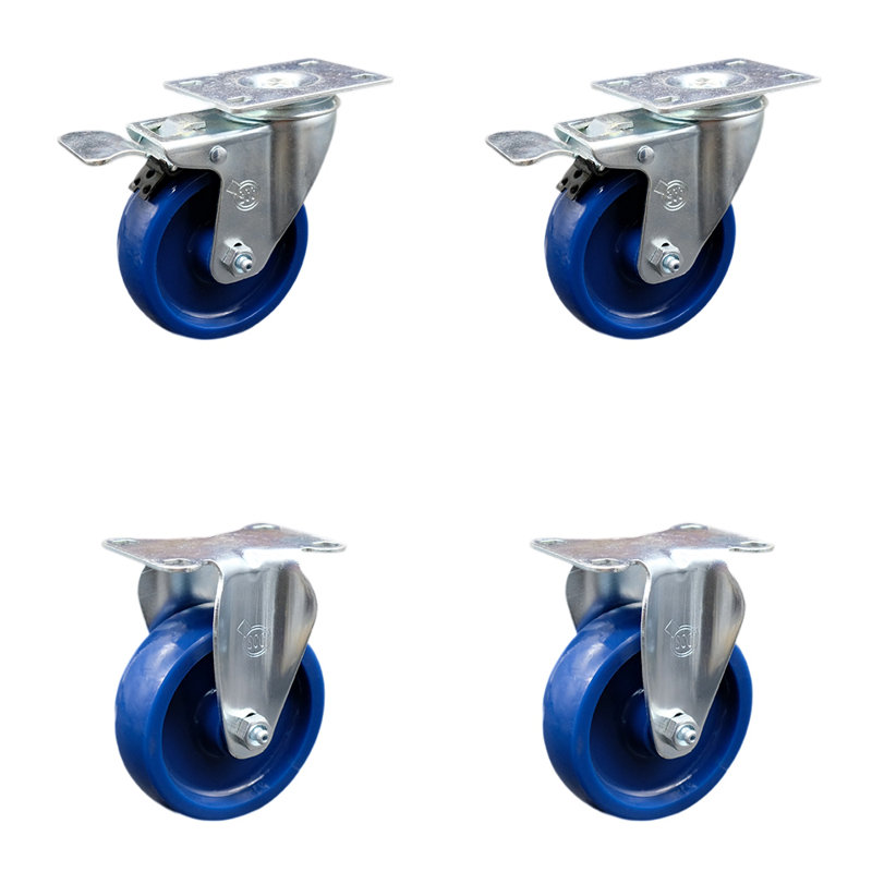 4 Inch SS Solid Polyurethane Top Plate Caster Set 2 Lock Brake 2 Rigid SCC