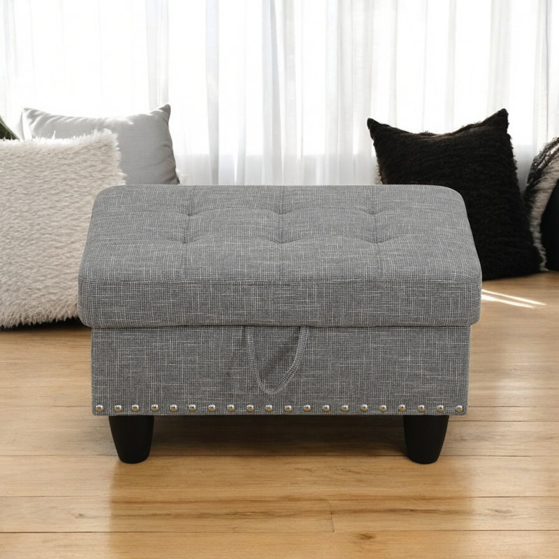 Ulanda 28.5'' Wide Rectangle Nailhead Trim Storage Ottoman, Gray Linen