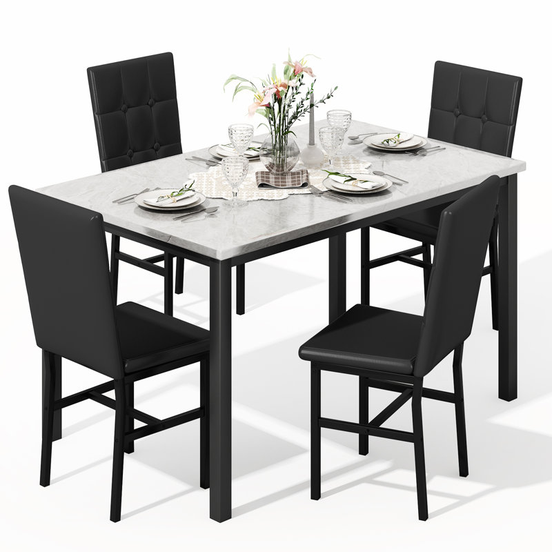 Modern Faux Marble Dining Table Set with Gray Velvet Chairs