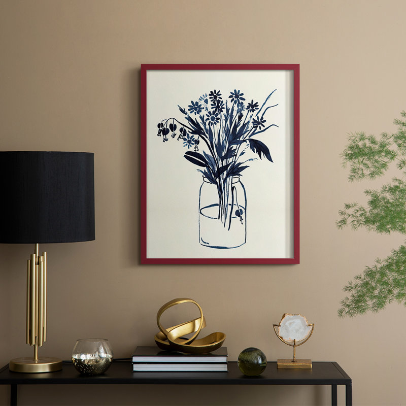 Indigo Floral Vase II, reproduction encadrée - bois massif, H 30 po x l 24 po, Rouge