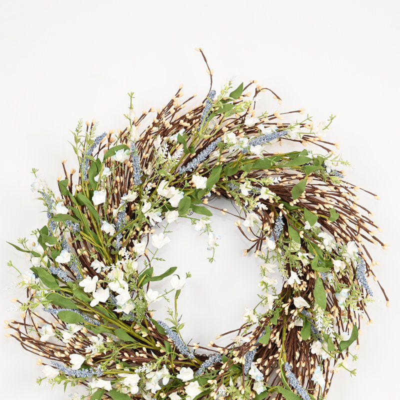 Couronne de porte artificielle 24 po de style champêtre, Bleu