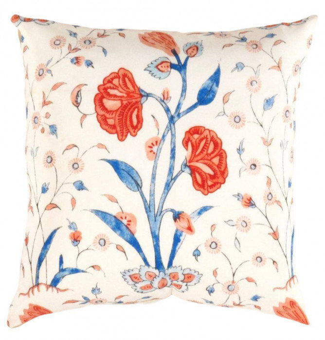 Pasargad Turkish Fine Silk tropical Pillow 16", 16"H x16"W, White/Rust/Malibu Floral