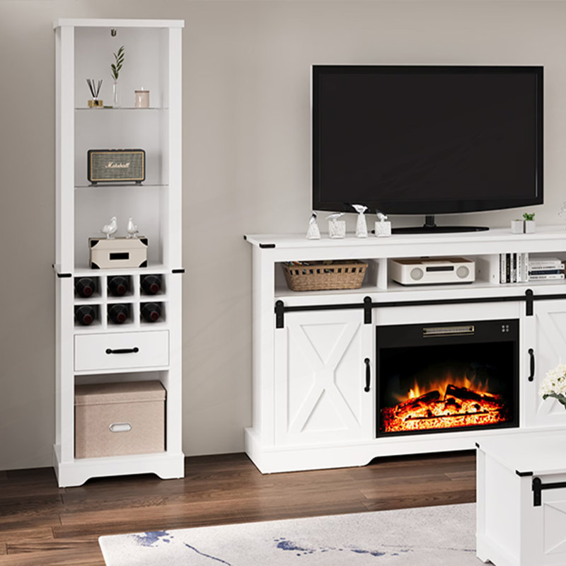 Armoire de rangement avec éclairage à DEL, garde-manger de style campagne avec verre trempé, tablettes réglables et support à vin