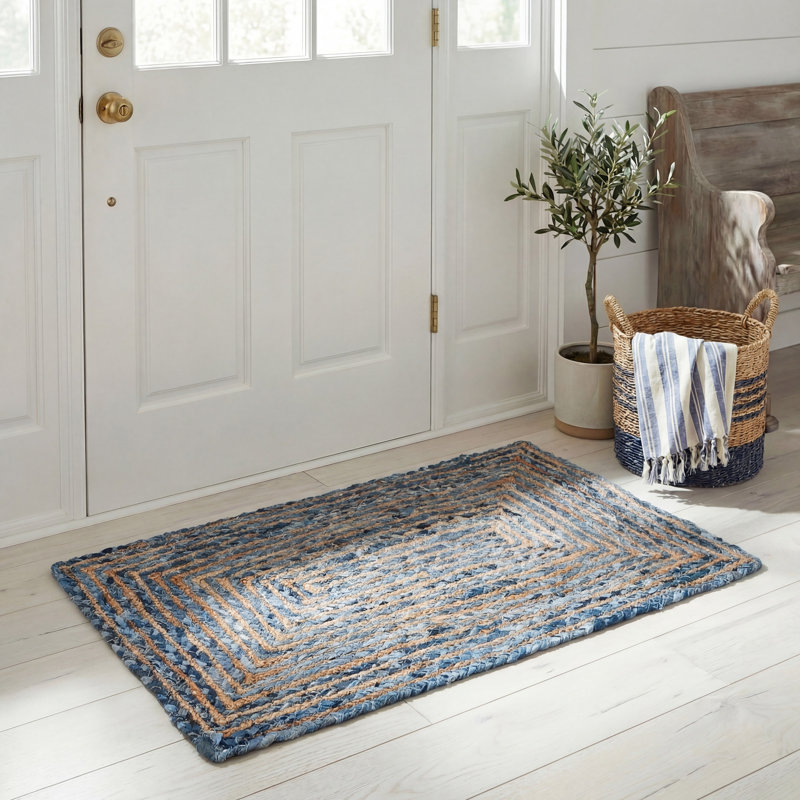 Tapis bleu / naturel tissé à plat à la main Demar, Rectangle 2 pi x 3 pi