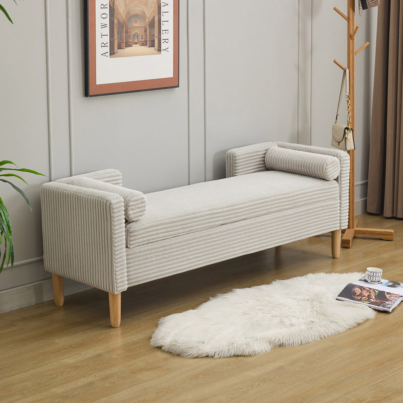 65.35"Wide Corduroy Storage Soft Bench with Armrests, Backrest,  Light Gray