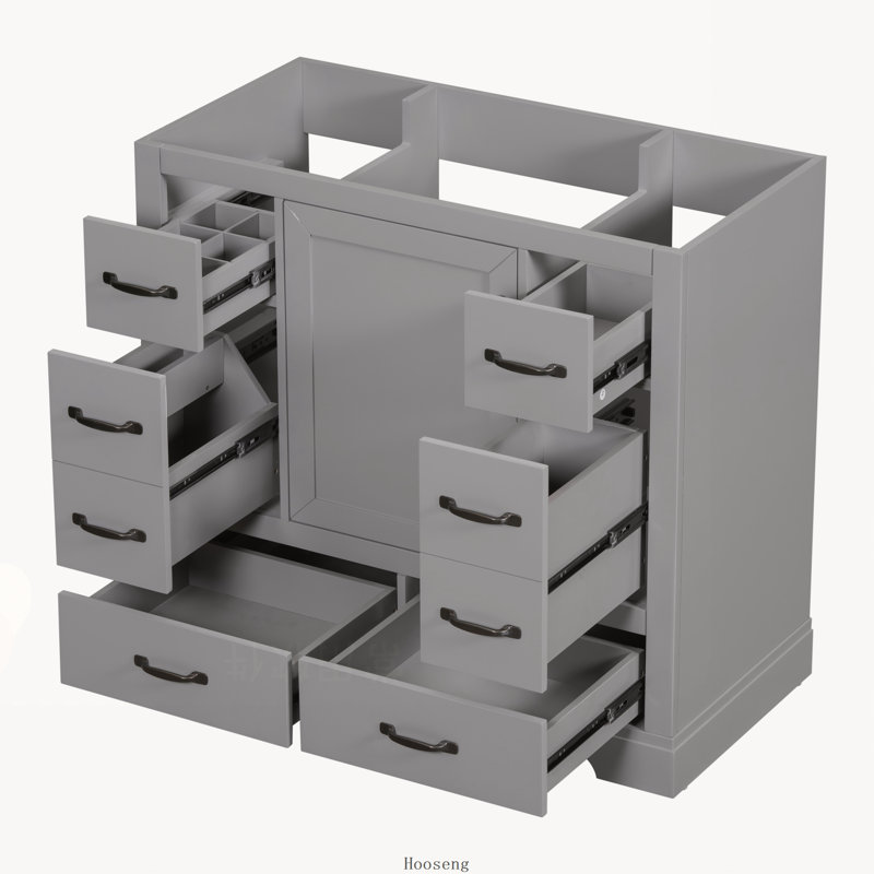 Base de meuble-lavabo sur pied 36 po seulement, armoire en panneau de fibres à densité moyenne avec 6 tiroirs, diviseur de tiroir multifonctionnel et tablette réglable, gris