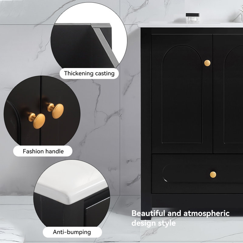 Meuble-lavabo noir 48 po avec lavabo en résine, armoire de rangement abondante - 4 portes à fermeture douce et 2 tiroirs