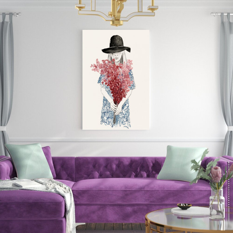 La fille et les fleurs - peinture sur toile tendue, H 48 po x l 32 po