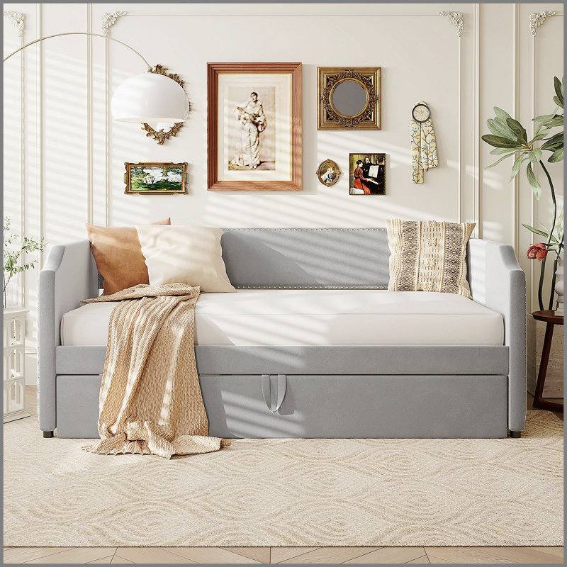 Twin Size Velvet Upholstered Daybed with Pop Up Trundle, Perfect for Small Spaces and Guest Rooms, Gray, Gray