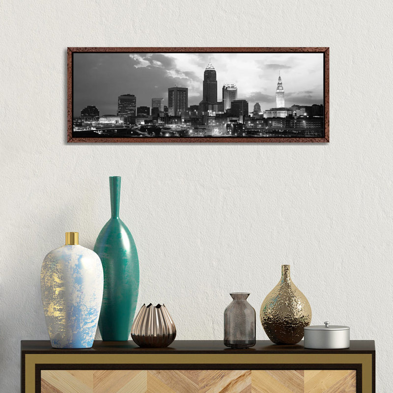 Cleveland Panoramic Skyline Cityscape (Black & White - Sunset) 1 Piece Floater Frame Panoramic Wall Art on Canvas