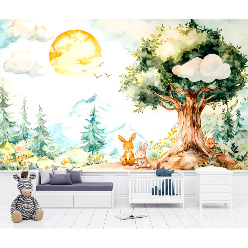 Papier peint aquarelle, peinture murale forêt mignonne, 8 po x 10 po