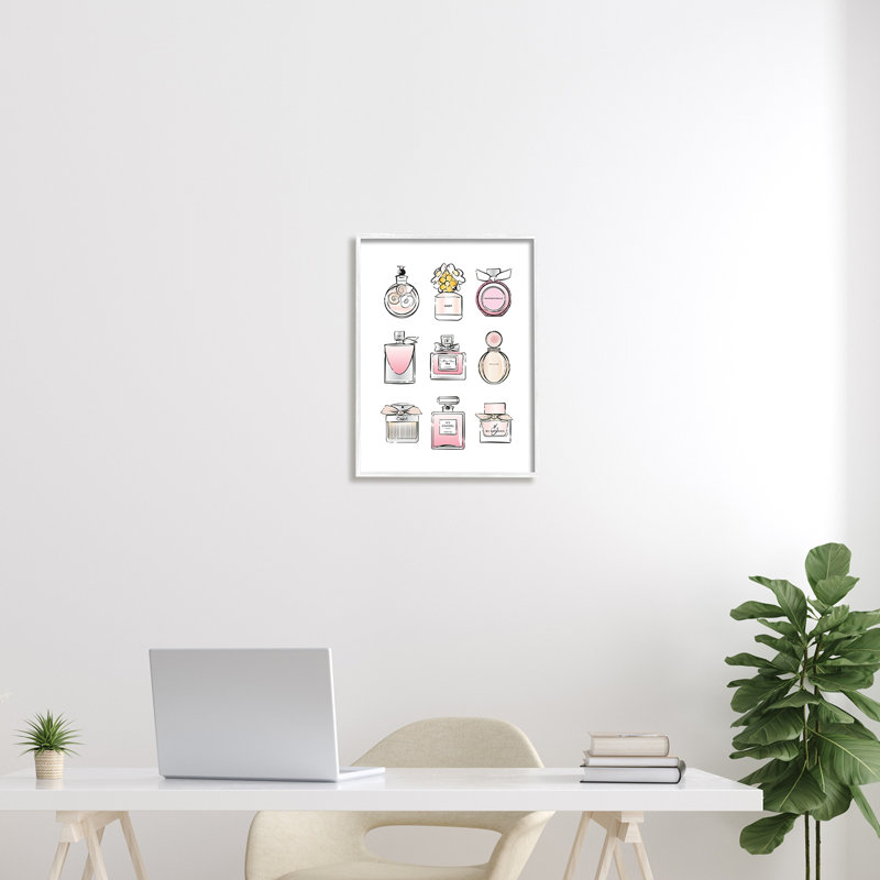 Parfum, bouteille, glamour, chic, moderne, mode, illustrations, H 20 po x l 16 po, Giclée encadrée blanc bord de mer