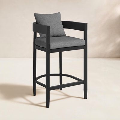 Elza Outdoor Patio Barstool in Aluminum and Grey Cushions