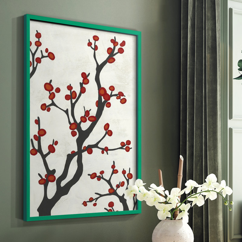Red Berry Branch I Framed Print - Solid Wood, 10" H x 8" W, Green