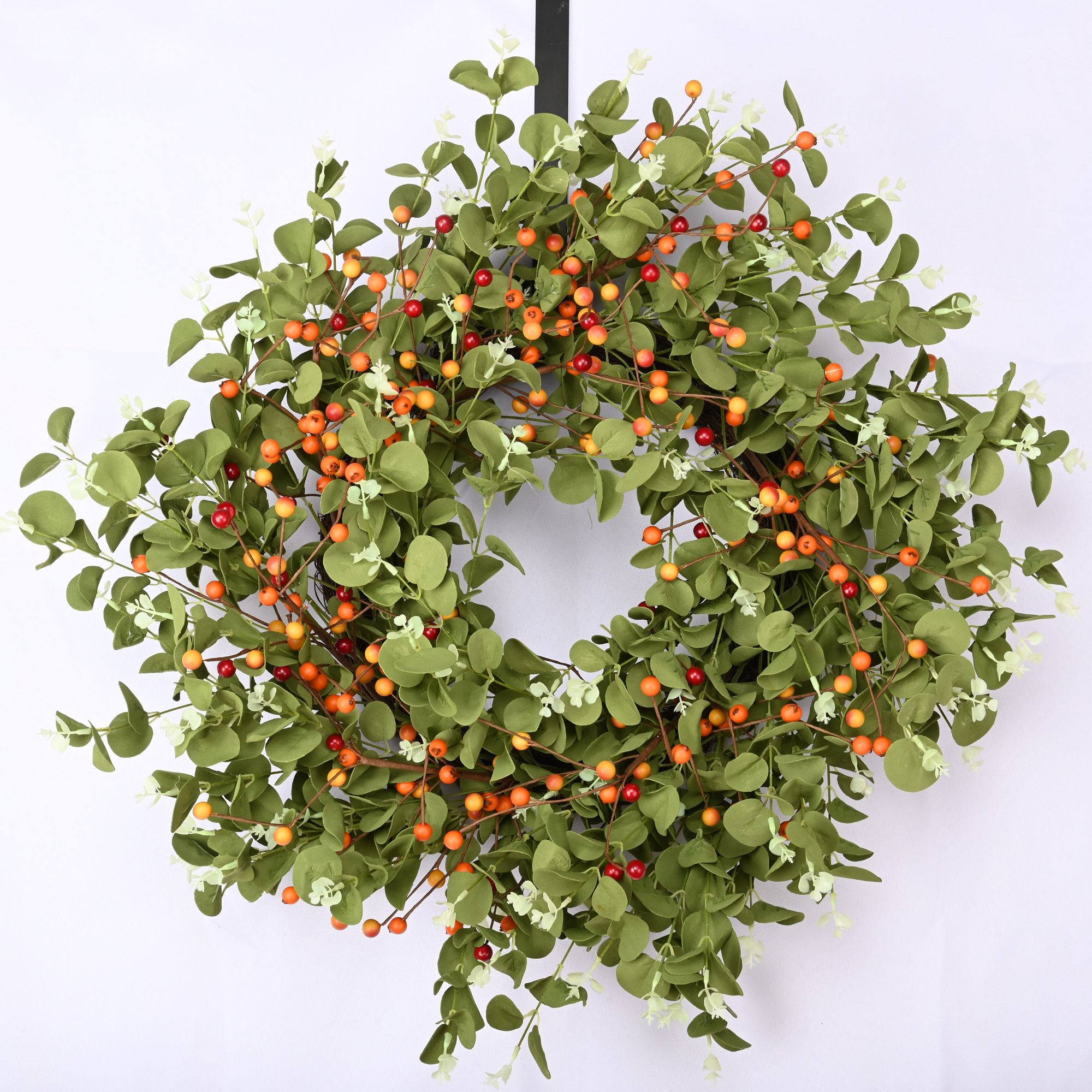 24" Handcrafted Faux Eucalyptus Berry Wreath for Front Door, Orange/Green