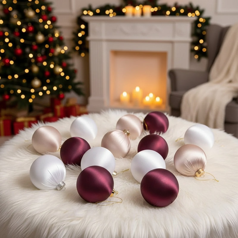 12 pièces de boules de Noël en velours lustré à suspendre dans une atmosphère festive, Rouge / rose clair