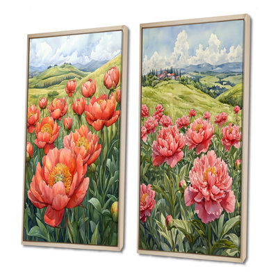 Pivoines dans la prairie roulante I - Art mural floral 2 panneaux