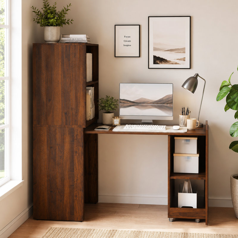Bureau d'ordinateur extensible avec tablettes et roulettes de rangement 