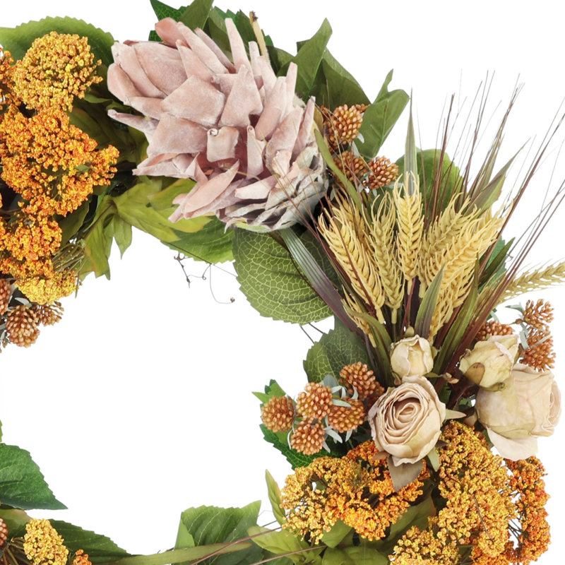 Pumpkin Spice & Everything Nice 26" Fall Wreath with Queen Anne's Lace, Lilacs, Banksia and Wheat, Beige/Orange