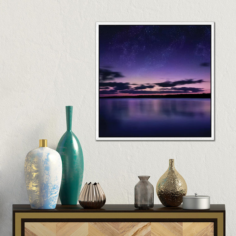 Tranquil Lake Against Starry Sky, Russia 1 Piece Wall Art on Canvas, 45.72 cm H x 45.72 cm W, White Framed