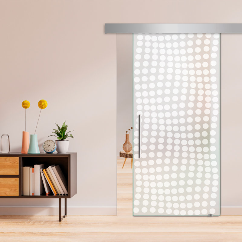 Porte de grange coulissante en verre sans cadre avec design moderne sablé + ensemble de quincaillerie (double-privée)