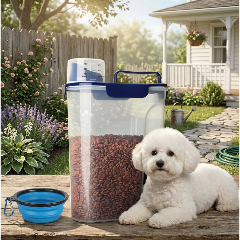 Contenant alimentaire pour animaux de compagnie, peut contenir 5 à 7 lb, distributeur hermétique avec bec verseur, poignée portative, bol pliable, bleu marine, 6 pte