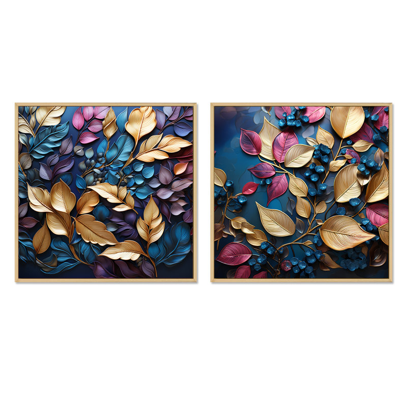 Feuilles dorées et bleues charmantes en hiver II - ensemble de 2 feuilles carrées, Cadre flottant brun, H 36 po x l 73 po