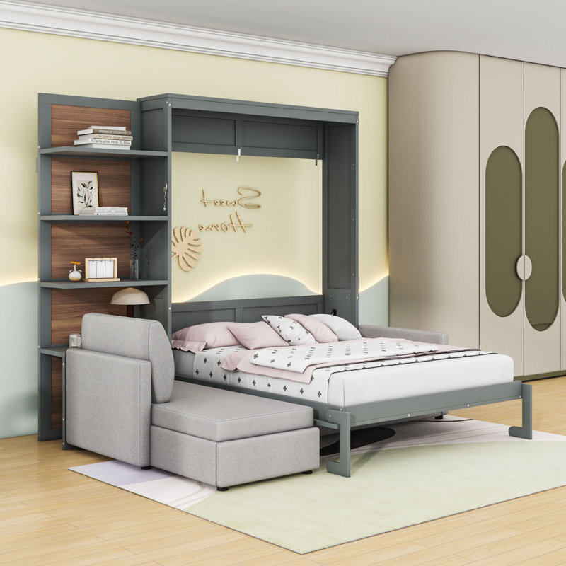 Grand lit escamotable en bois avec canapé et tablettes, Gris