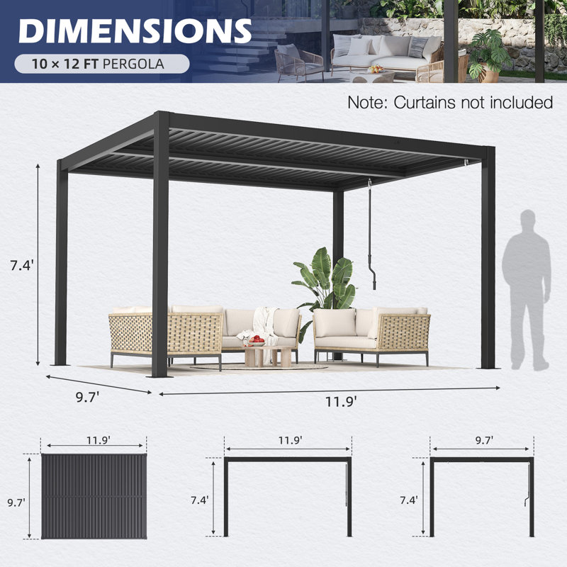  Erommy 10' x 12' Outdoor Pergola with Adjustable Louvered Roof & Integrated Drainage, Heavy-Duty Metal Louvered Pergola for Patios, Black