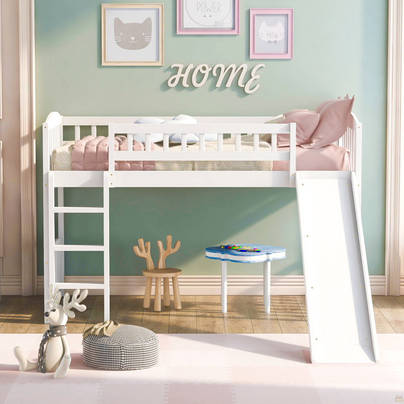 Lit mezzanine simple avec glissoire et échelle, Blanc