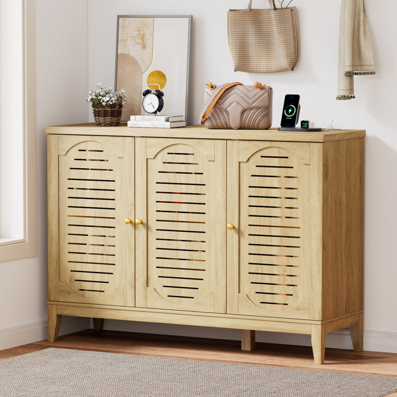 Modern Shoe Cabinet With Led Lighting And Adjustable Shelves, Light Yellow Wood