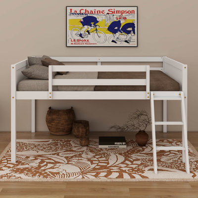 Wood Low Loft Bed With Convertible Ladder,Full Size Loft Bed With Safety Guardrails